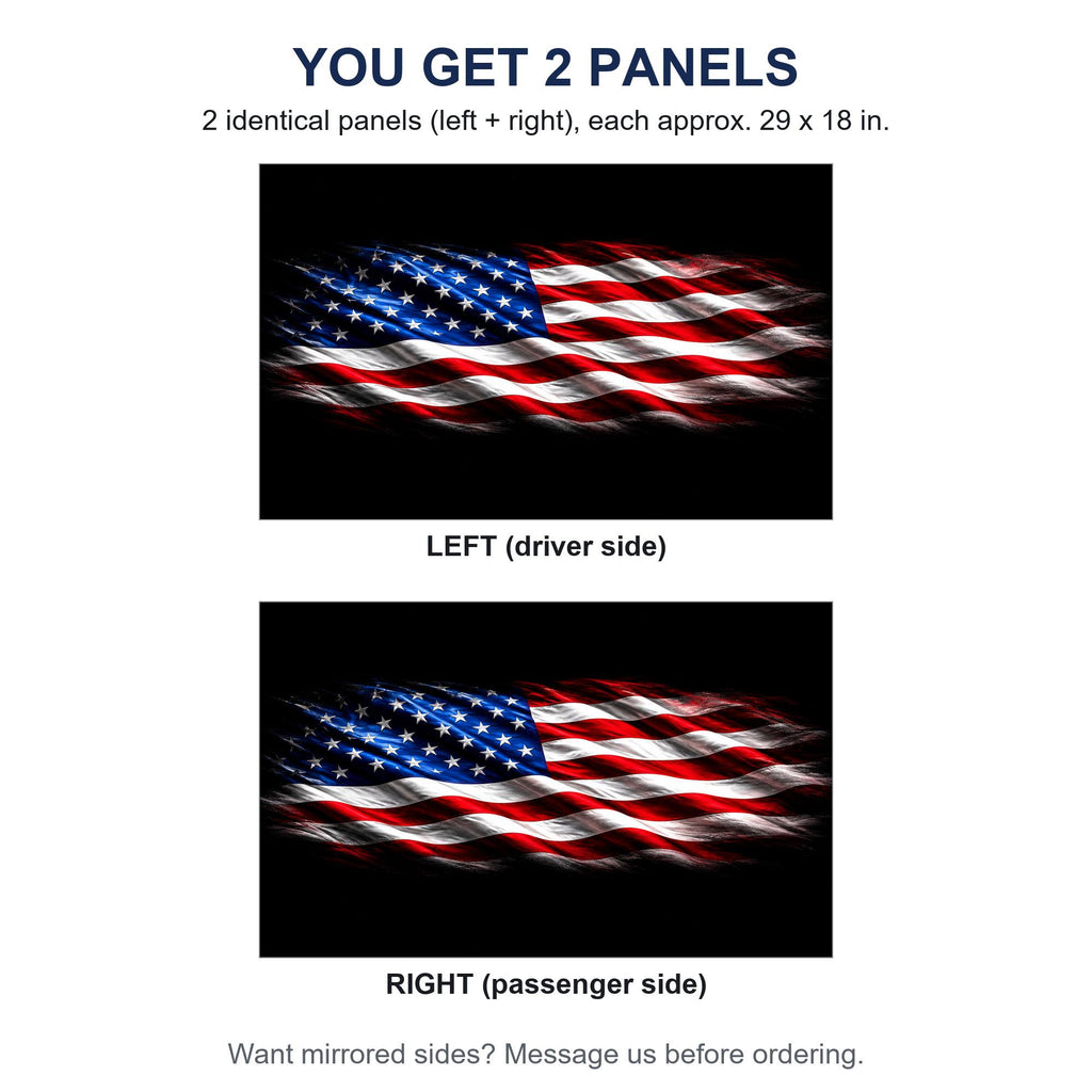 Two identical perforated window panels side by side labeled LEFT and RIGHT, both showing the same waving flag on black design, each panel 29 by 18 inches, full rectangle before trimming to fit. A note offers mirrored sides on request.