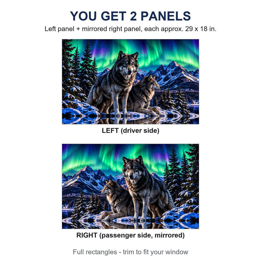 Two perforated window panels side by side labeled LEFT (driver side) and RIGHT (passenger side, mirrored) - wolves under northern lights design, each panel 29 by 18 inches, full rectangle before trimming to fit.
