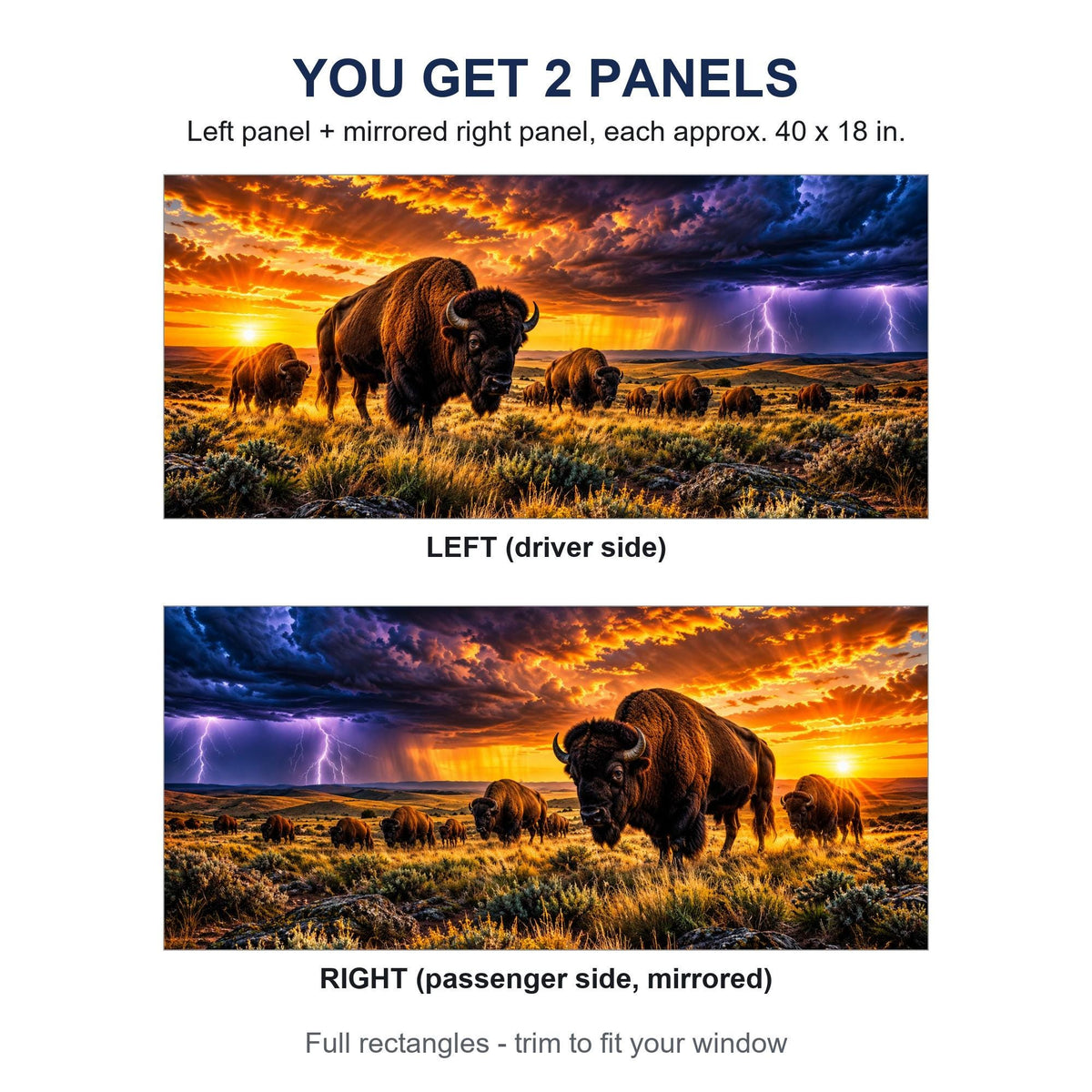 Two perforated window panels side by side labeled LEFT (driver side) and RIGHT (passenger side, mirrored) - bison herd lightning storm design, each panel 40 by 18 inches (approx.), full rectangle before trimming to fit.