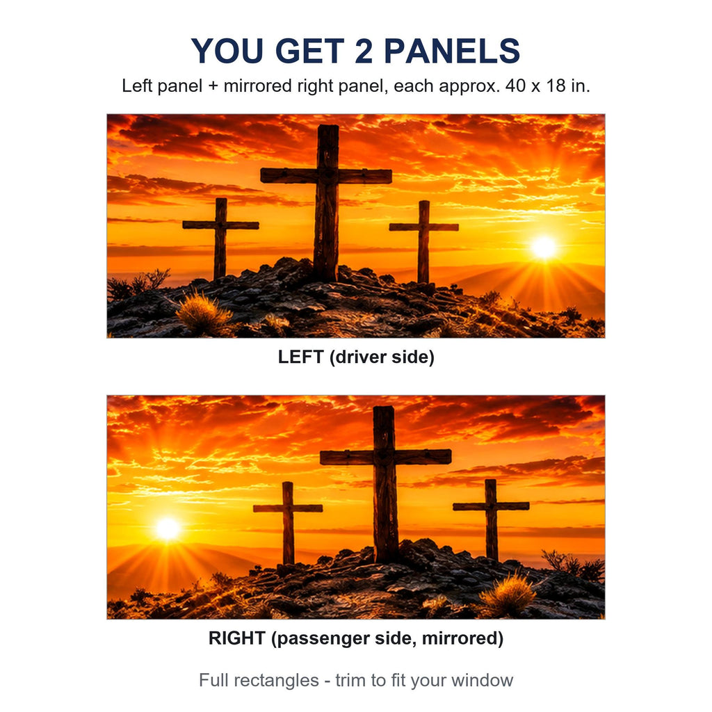 Two perforated window panels side by side labeled LEFT (driver side) and RIGHT (passenger side, mirrored) - three crosses sunset design, each panel 40 by 18 inches (approx.), full rectangle before trimming to fit.
