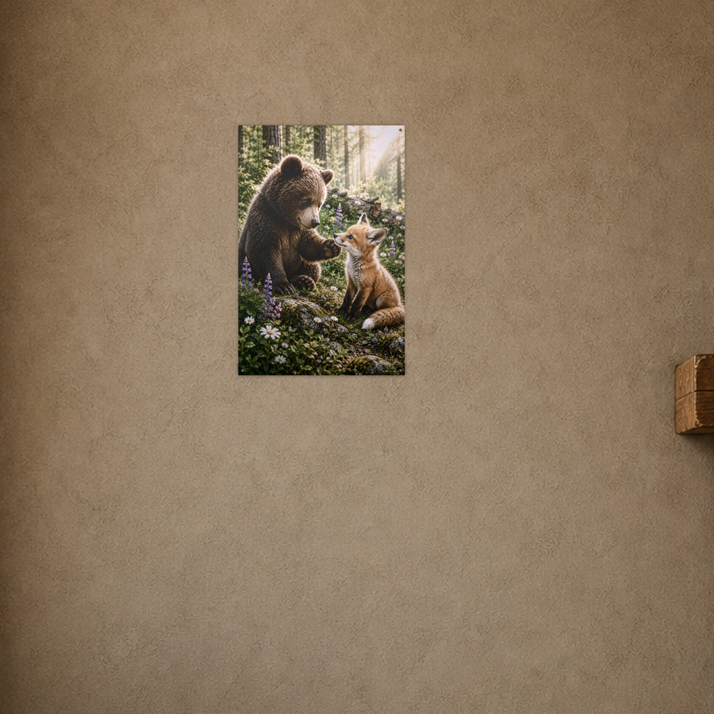 Bear and Fox Bear Metal Wall Art, Wildlife Sign | 8x12 Aluminum | Cabin Decor, Bear Lover Gift