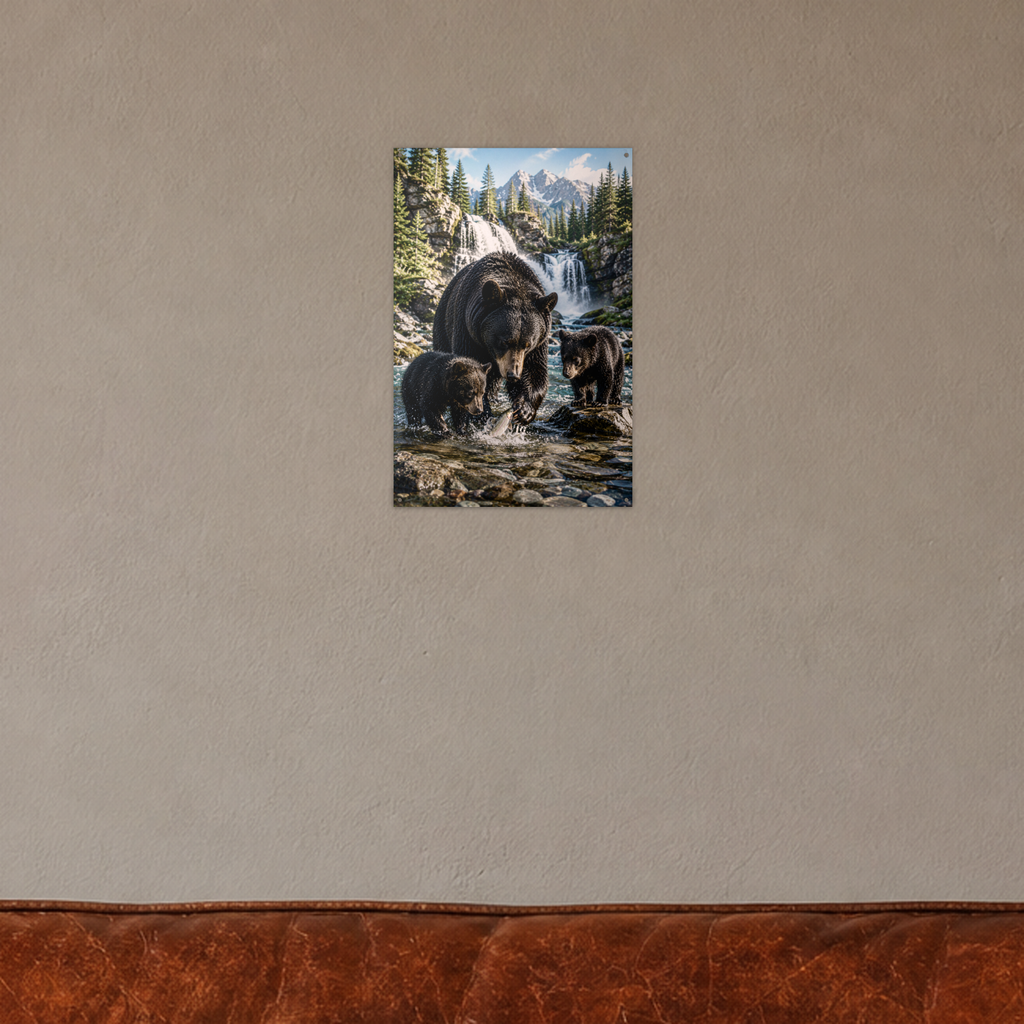 Waterfall Family Bear Metal Wall Art, Wildlife Sign | 8x12 Aluminum | Cabin Decor, Bear Lover Gift