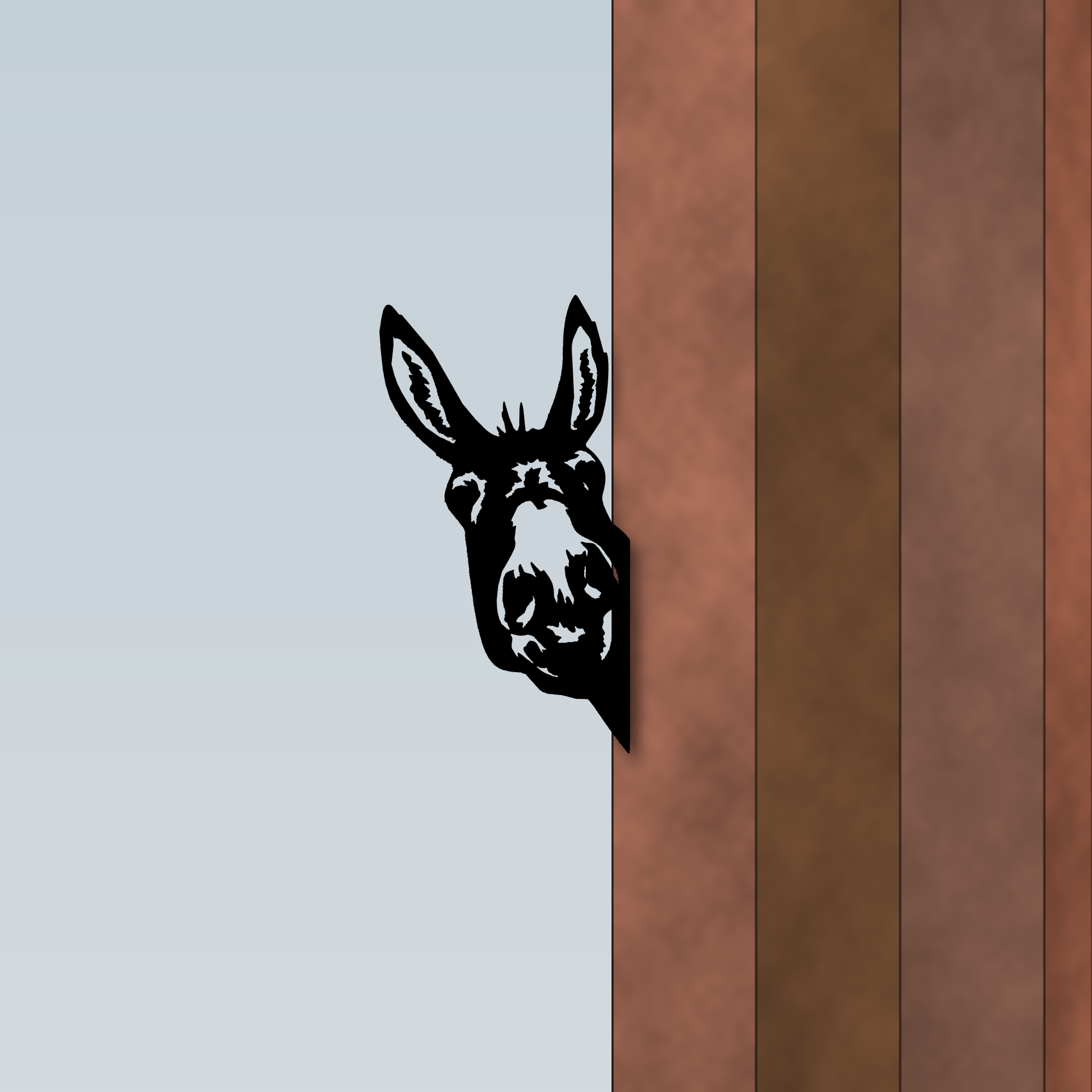 Donkey peeker mounted on red barn boards