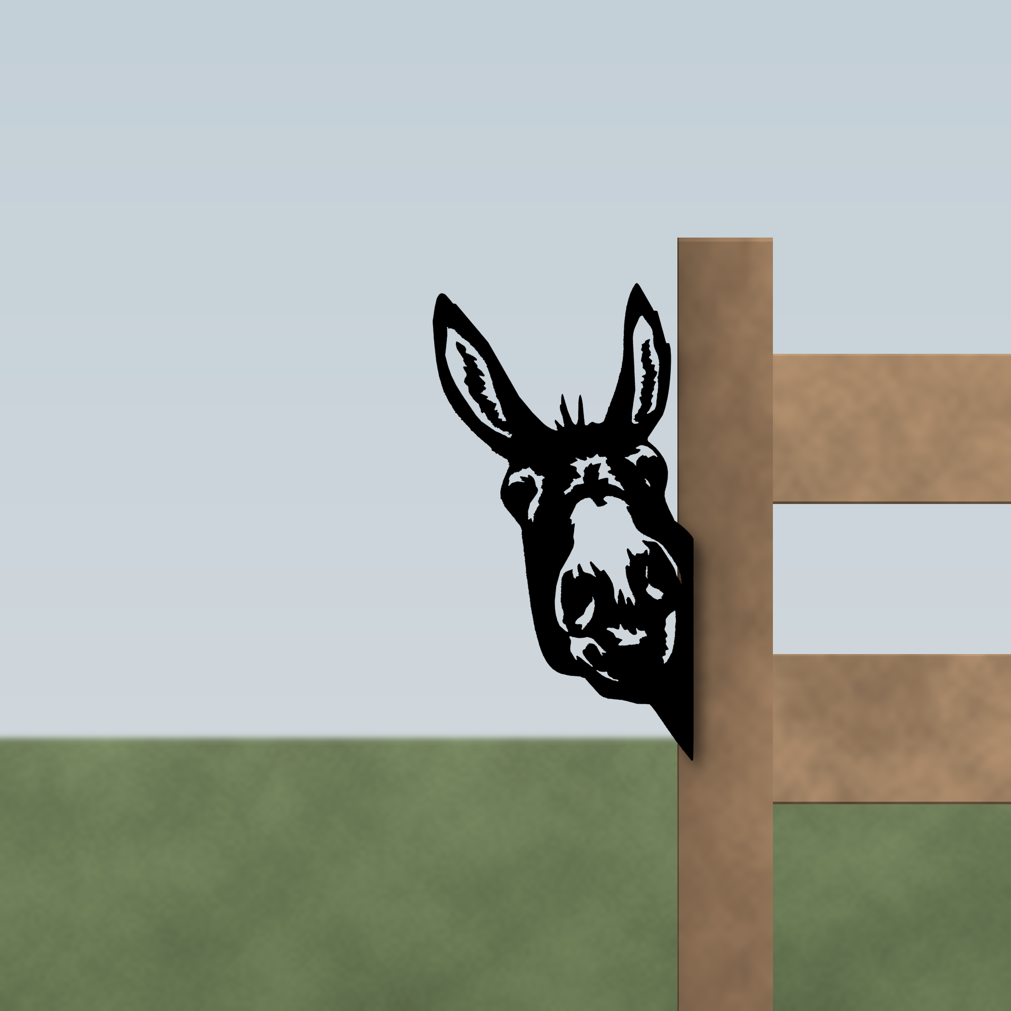 Donkey peeker mounted on a wooden fence post