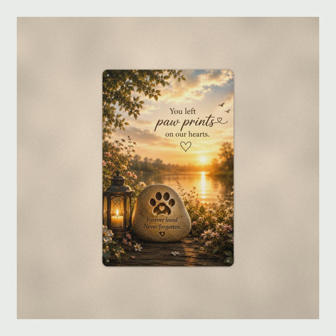 Pet Memorial Sign You Left Paw Prints On Our Hearts, Forever Loved Nev product video