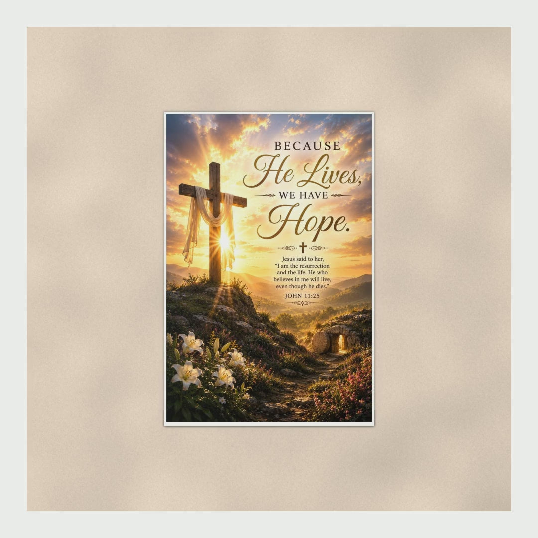 Because He Lives We Have Hope Poster, John 11:25 Scripture Wall Art, C product video