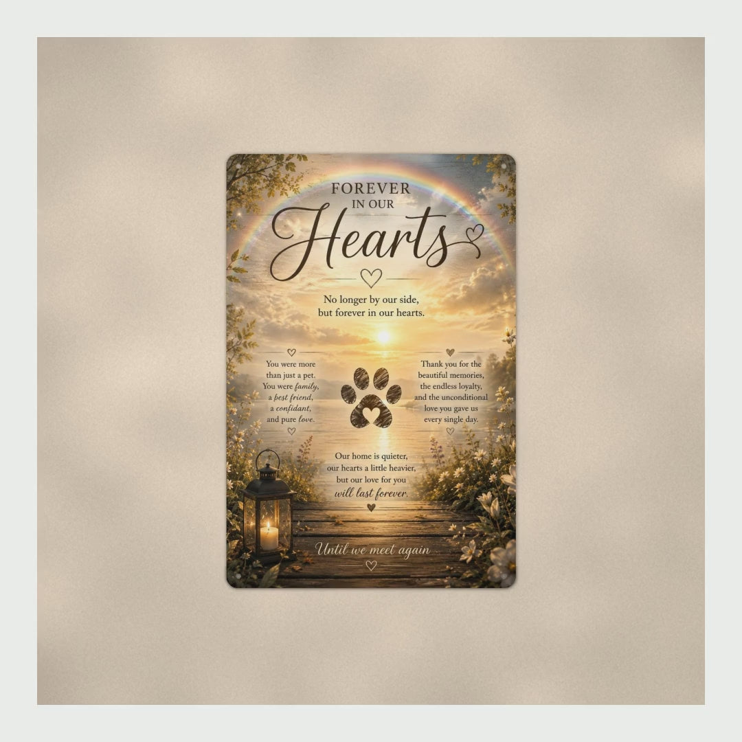 Pet Memorial Sign Rainbow Over The Lake, Forever In Our Hearts Tribute product video